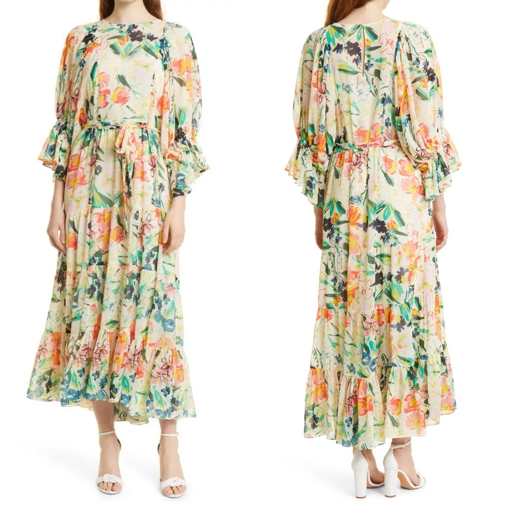 Ted Baker Cream Floral Midi Dress with Pink, Green and Blue Accents